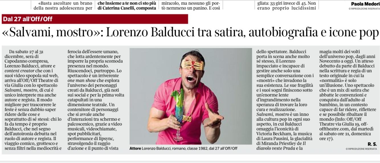 Off/Off – LORENZO BALDUCCI – SALVAMI MOSTRO – Rassegna Stampa