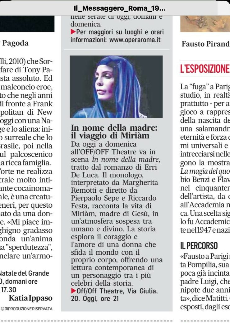 Off/Off – MARGHERITA REMOTTI – IN NOME DELLA MADRE – Rassegna Stampa